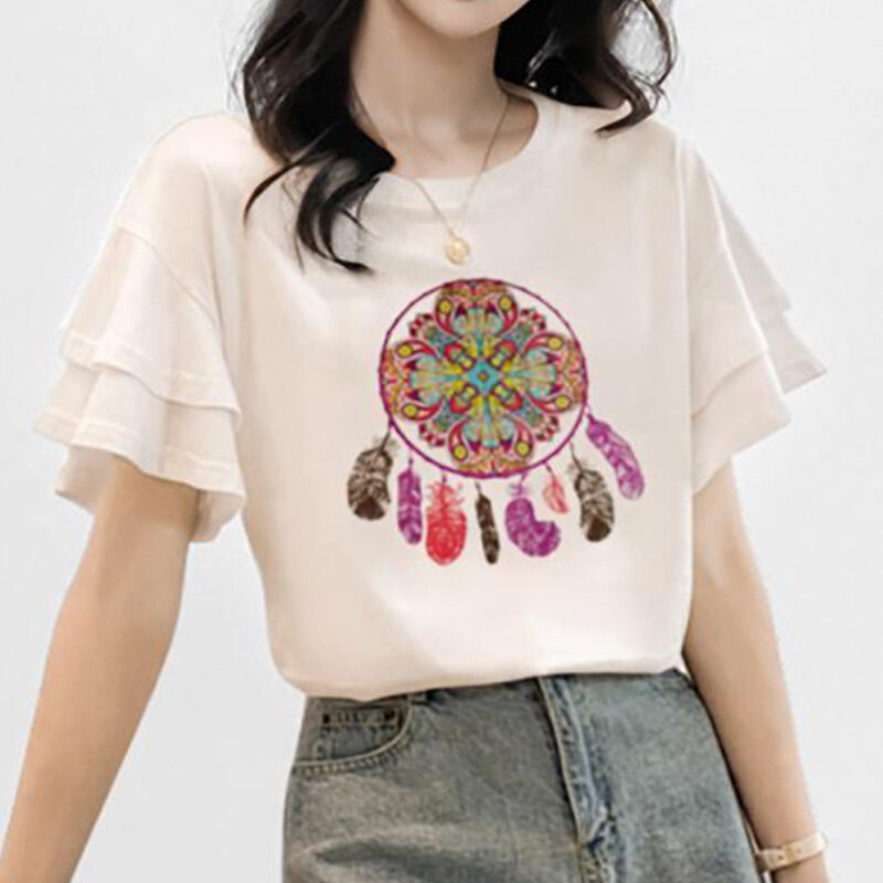 2024 Nowe letnie koszulki damskie w koreańskim stylu retro Oversized dla kobiet Nieregularne zdjęcie O Szyja Krótki rękaw Y2K Szykowne topy
