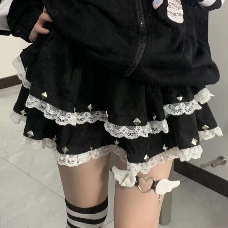 Deeptown Gothic Y2K minigonna giapponese Harajuku nero gonne corte da donna pizzo pieghettato Lolita Kawaii stile Punk gonna con volant