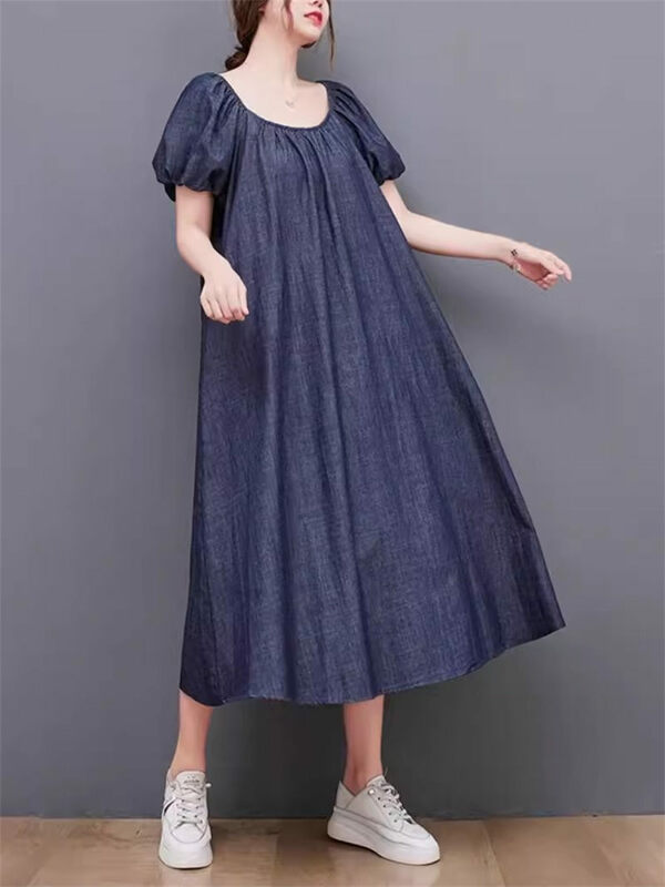 2024 French Retro Bubble Sleeve Denim Dress Medium Length Summer Thin Casual Loose Large Size Women Jeans Vestidos K860