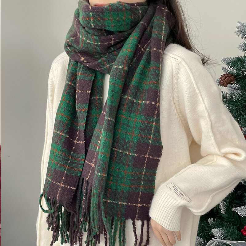 Women's Vintage Cashmere Tassel Scarf Plaid Winter Korean Thick Warm Long Shawl Neck Christmas Gift Fashion Accessories