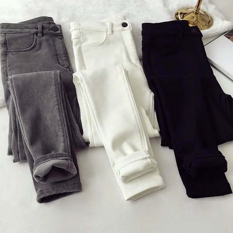 Fall/Winter Black White Skinny Stretch Plus Velvet Thicken Jeans Women Casual Long Pencil Pants Slim Warm Denim Trousers C7972