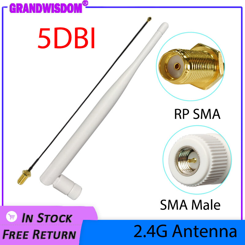 GRANDWISDOM 1 2 5 Buah Antena 2.4G 5dbi Sma Male Wlan Wifi 2.4Ghz Antena IPX Ipex 1 SMA Female Pigtail Extension Cable Iot Antena