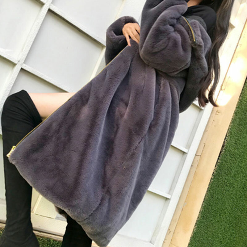 2023 nuovo lungo cappotto di pelliccia sintetica donna inverno con cappuccio cappotto di pelliccia di coniglio addensare caldo Plus Size Outwear