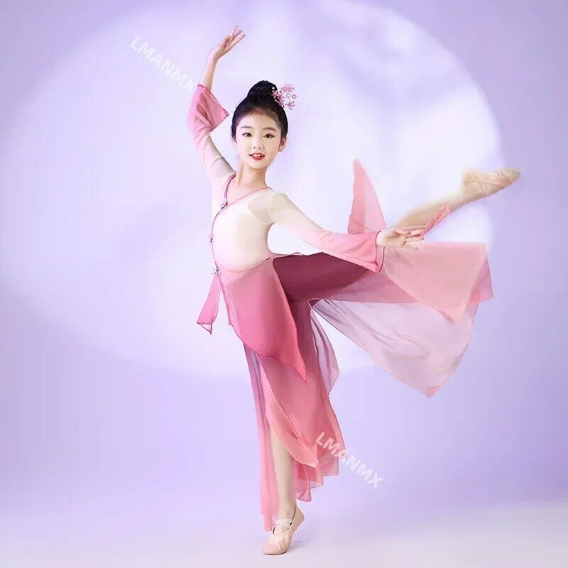 子供のクラシックダンスパフォーマンス服、エレガントな糸ドレス、中国風、透明なファンチャーム