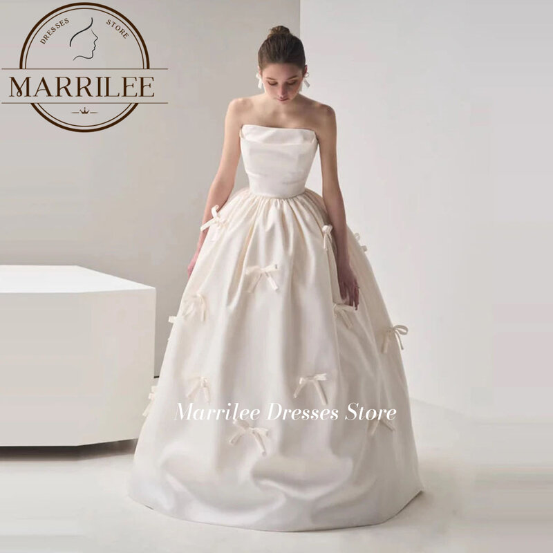 Vestido de noiva linha Sipmle-cetim para mulher, vestido de noiva sem alças, vestido de noiva sem mangas, laço elegante, 2021