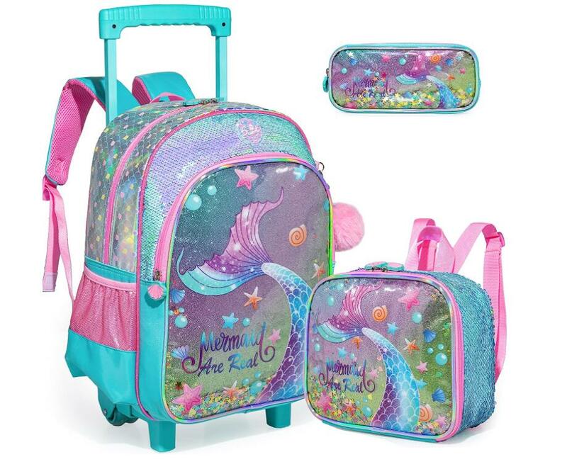 School Trolley Backpack Set para crianças, lancheira, Pen Bag, Rolling, 3 Pcs, Set for Girls
