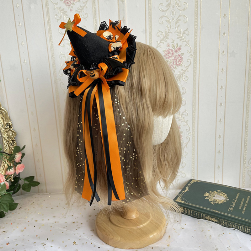 Top Grade Halloween Gothic Lolita Hat Hair Clip Orange Lace Gold Stars Headwear Cap for Women Ghost Festival Cosplay Headdress
