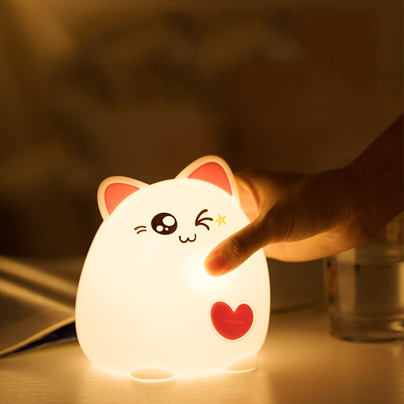 Veilleuse LED aste par USB pour bébés et enfants, chat mignon, capteur tactile, changement de document, silicone souple, lampe de pépinière respirante, cadeau