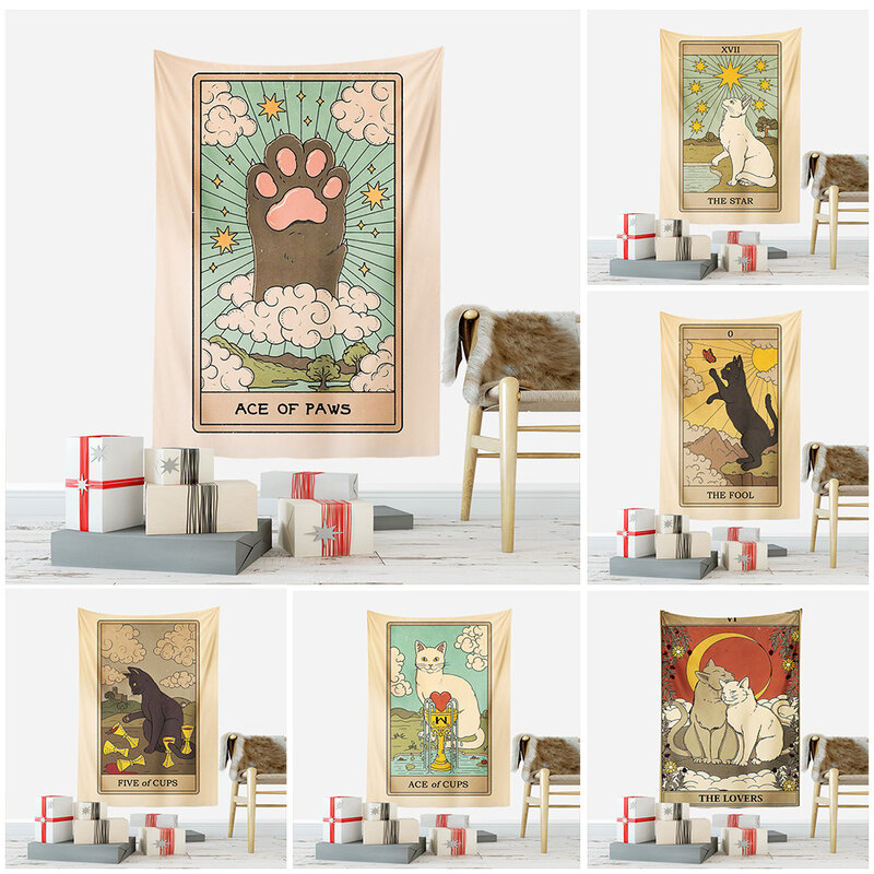 Tapiz de cartas de Tarot de gato para colgar en la pared, decoración de habitación Kawaii, Hippie, brujería Interior, tapiz de pared, decoración estética del hogar