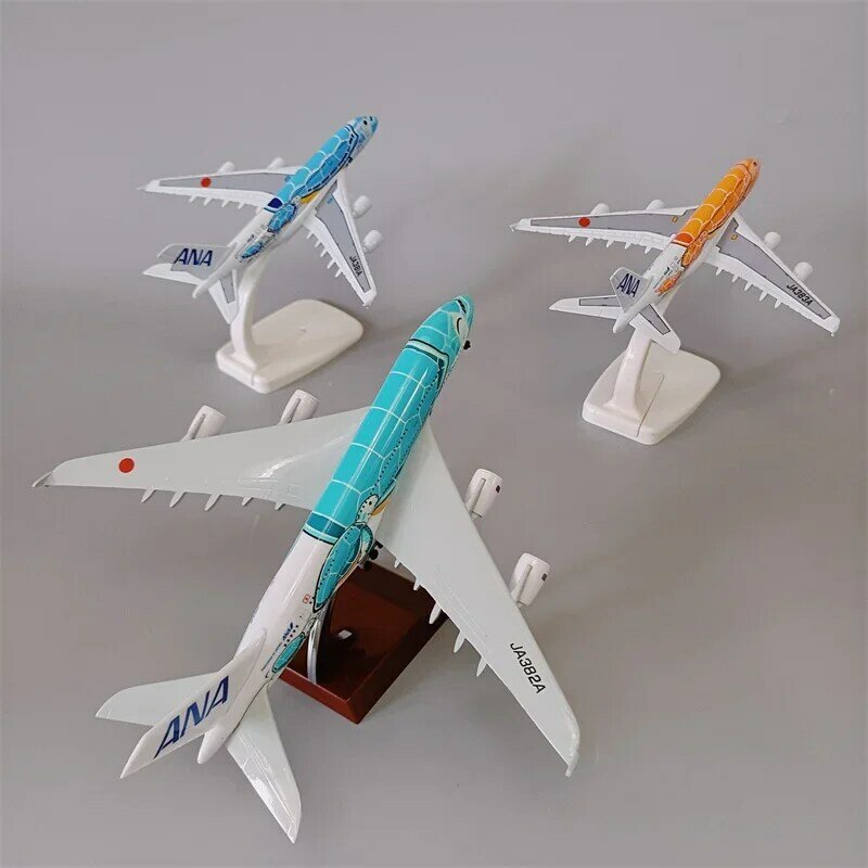 Japão ANA-Alloy metal desenhos animados Sea Turtle Airlines Diecast Avião, Japão Airbus A380 Avião, 16cm, 20cm, verde, laranja, azul