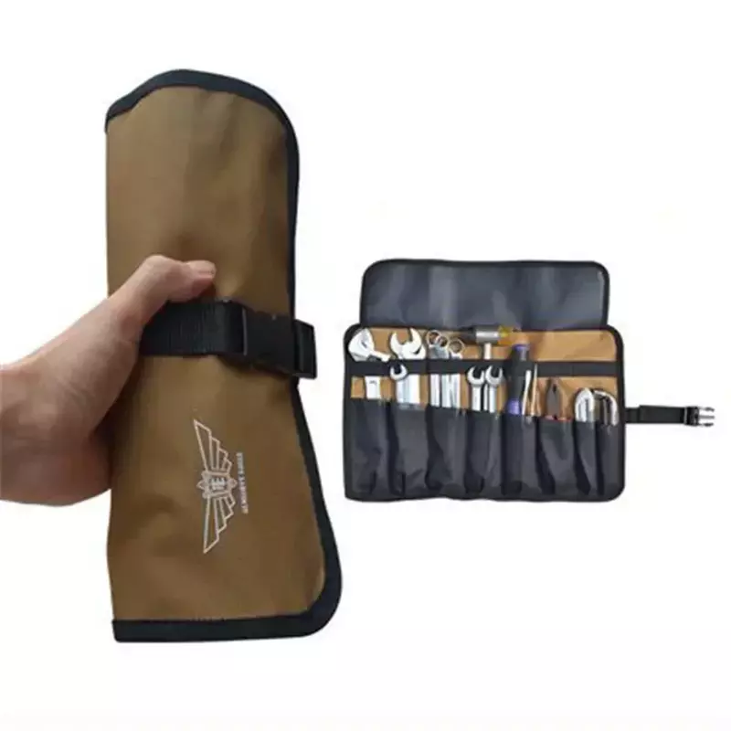 Tas kantong portabel gulungan kain Oxford, tas penyimpanan alat saku berkemah dengan 8 saku alat kunci pas lipat palu kunci pas