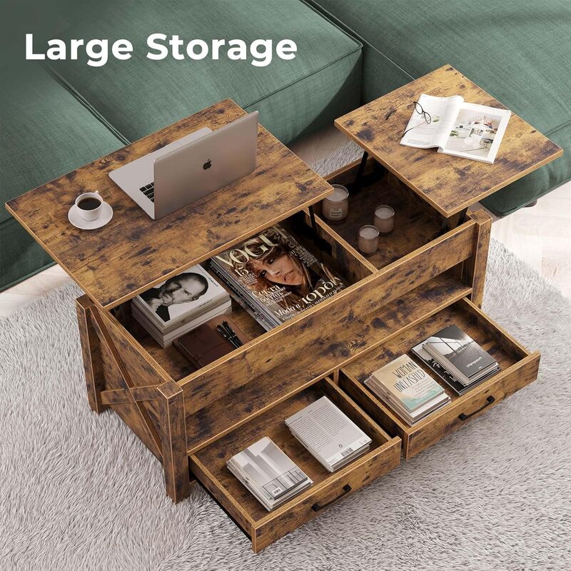 Coffee table with 2 storage drawers and hidden compartments, with wooden lifting countertop, for living room, rustic brown