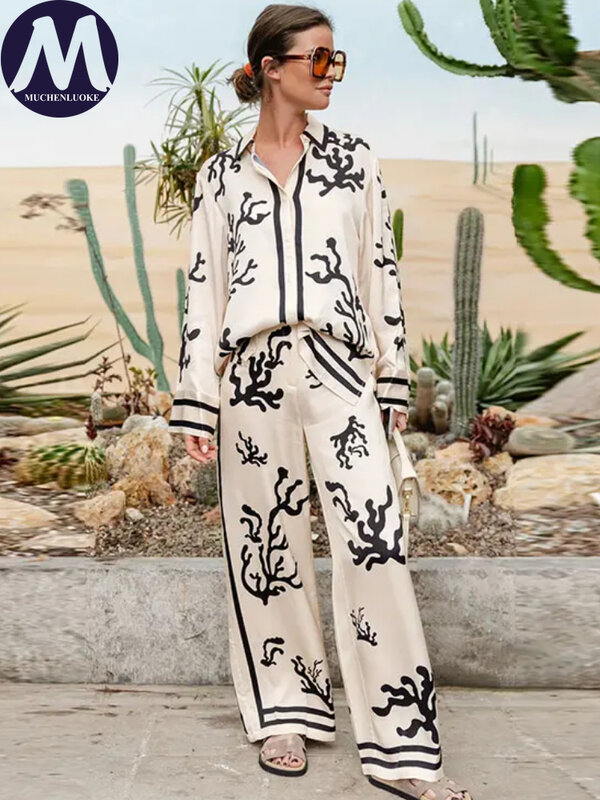 Elegant Women's Sets Summer New Fashion Printing Long Sleeve Lapel Collar Suits Casual Loose Women's Wide Leg Pant Two Piece Set