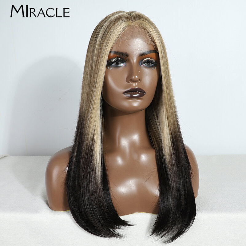 MIRACLE-Perruque Synthétique Blonde Ombré pour Femme, Perruques en Dentelle Droite Douce, Degré de Chaleur, Faux Cheveux Cosplay, 22 en effet