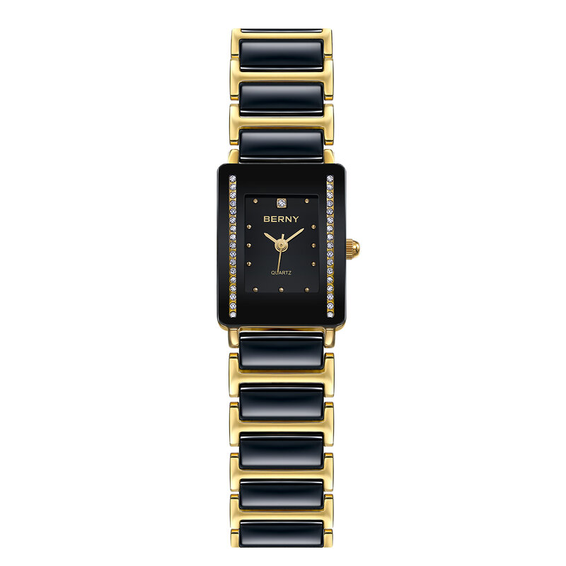 Berny Keramiek Quartz Vrouwen Horloge Mode Rechthoek Mannen/Vrouwen Polshorloge Armband Luxe Diamon Gouden Paar Horloges Cadeau Horloges