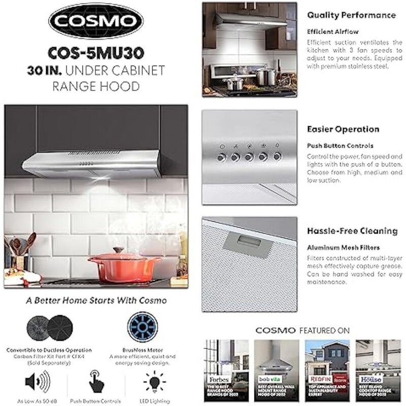 COSMO COS-5MU30 30 po. Évent de cuisinière de cuisine mince, hotte de cuisine, conduit convertible sans conduit, ventilateur accessible à 3 vitesses, sous armoire
