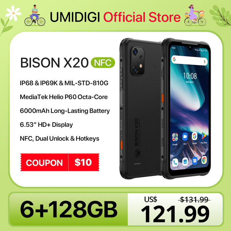 UMIDIGI-BISON X20 Robusto Android 13 Celular, MTK Helio P60 Octa-Core, 6,53 "HD, 6GB, 128GB, 6000mAh Bateria, NFC, Estreia Mundial