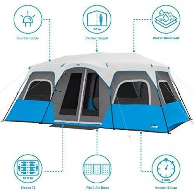 CORE LED 조명 즉석 텐트, 휴대용 대형 가족 캐빈, 캠핑용 멀티 룸 텐트, 조명 팝업 캠핑 텐트 10 개
