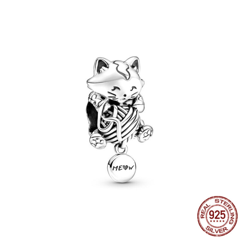 Colgante de plata de ley 925 auténtica para mujer, abalorio con forma de gato, compatible con pulsera Pandora Original, collar, joyería para regalo