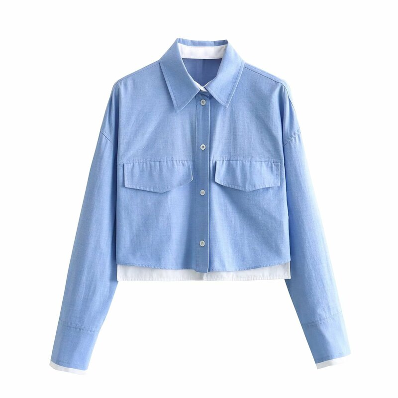 Women New Fashion Flip decoration Cropped Splicing Slim Oxford Blouses Vintage Long Sleeve Button-up Female Shirts Chic Tops