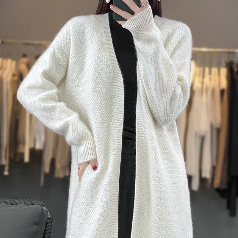 여성 울 가디건, 단색 롱 루즈핏, 여유로운 윈드 스웨터, 한국 코트, 가을 겨울 신상