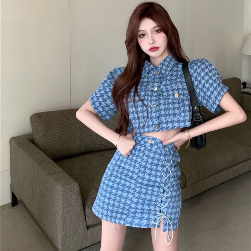 Oversized Age Reducing Set Summer Sweet Cool Spicy Girl Style Thousand Bird Checker Short Top Half Skirt Two Piece Set for Woman