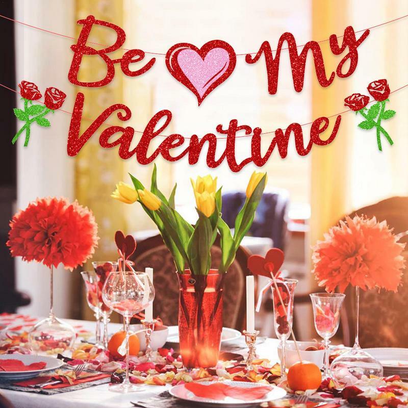 Be My spanduk Valentine Glitter hati Garland spanduk Hari Valentine pernikahan pertunangan pesta rumah perapian dekorasi mantel