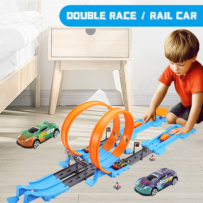 سباق المسار حيلة سرعة مزدوجة عجلات السيارة نموذج لعب للأطفال ، DIY بها بنفسك مجموعات السكك الحديدية تجميعها للبنين والبنات ، هدية عيد الميلاد للأطفال