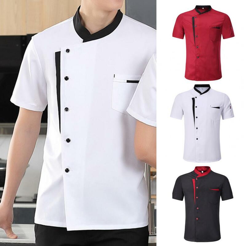 Chef profissional terno com gola avental e chapéu, conjunto uniforme respirável, camisa de manga curta, hotel e cozinha, restaurante
