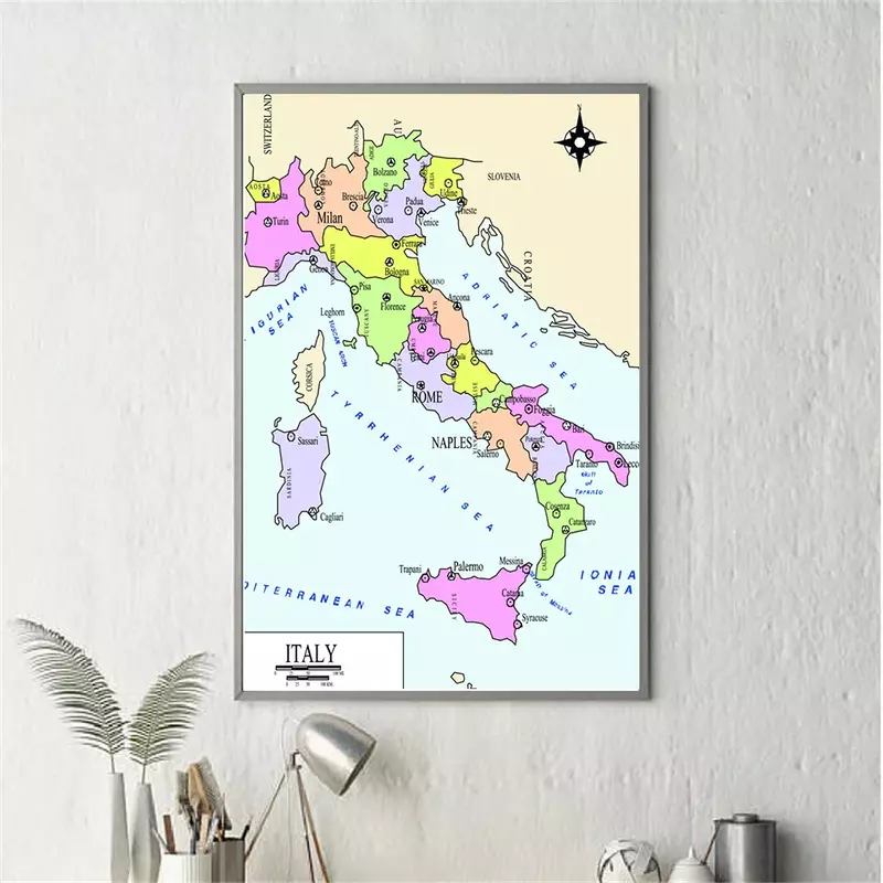 Póster de arte de pared del mapa politico italiano para niños, pintura en lienzo no tejida, impresión en aerosol, decoración del hogar, suministros escolares, 150x225cm