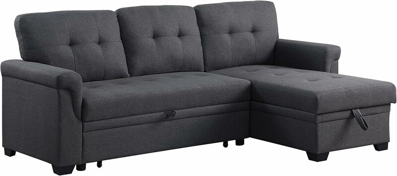 84 inch L-Shape Sectional Sleeper Sofa with Chaise Storage and Pull-Out Bed, Tufted Linen Backrest, Reversible 3-Seater