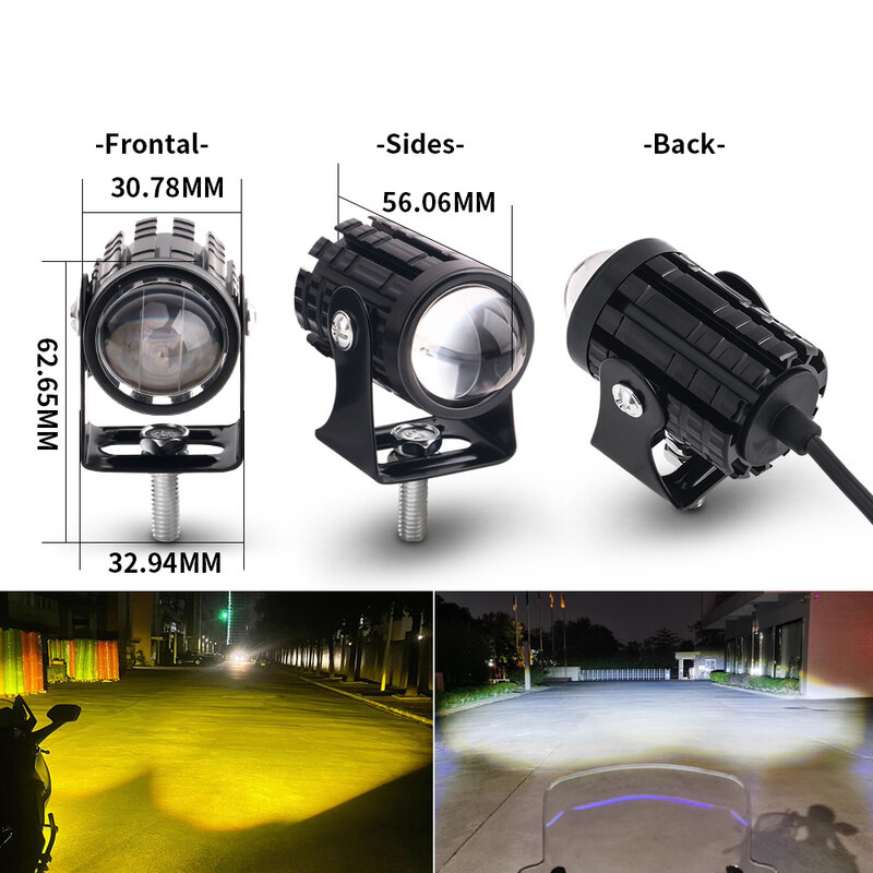 2PCS Universal Motorcycle LED Headlight Projector Lens Dual Color ATV Scooter Driving Lamp Fog Light Auxiliary Spotlight Lamp