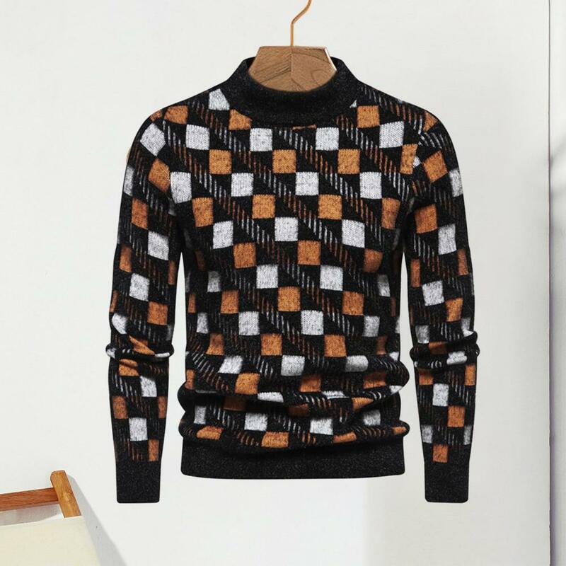 Men Round Neck Sweater Cozy Geometric Print Men's Sweater Thickened Plush Soft Warm Elastic Long Sleeve Anti-pilling Business