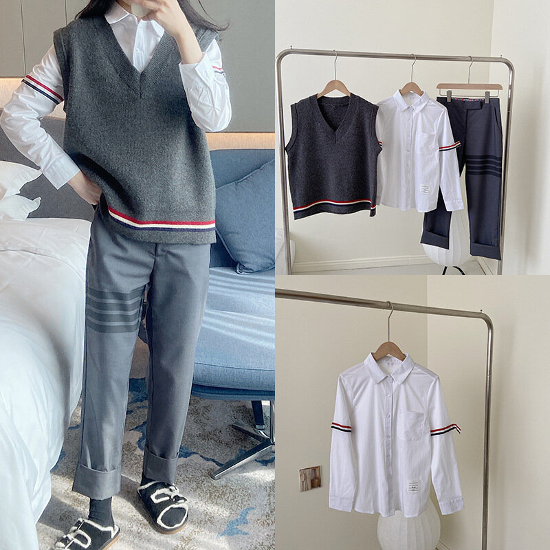 High Quality Korean Style Netizen Three Piece Set Spring Korean Fashion Knitted Vest Shirt Two Piece Small Foot Suit Pants
