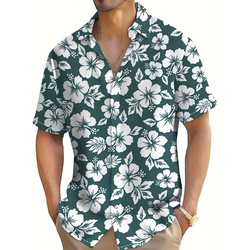 Camisa havaiana casual masculina, camisa de manga curta, roupa respirável, impressão 3D, verão