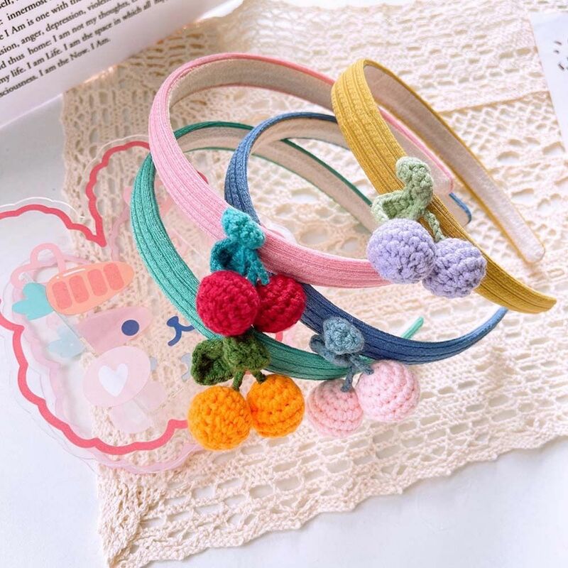 Hoop de cabelo de crochê de lã para meninas Hairband infantil Hoop Cherry Headband, Headdress para crianças, ornamento de cabelo, inverno