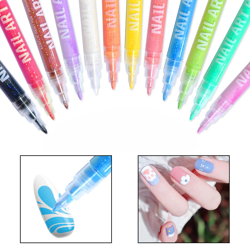 Bolígrafos acrílicos de Metal nacarado para decoración de uñas, bolígrafos de secado rápido, resistentes al agua, pintados, 12 colores