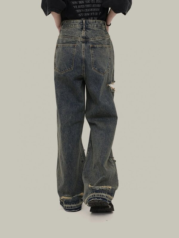 Jeans de mendiant à jambes larges pour hommes et femmes, pantalons de traînée à trous droits, personnalité Wash Do Old Blue, Y2K
