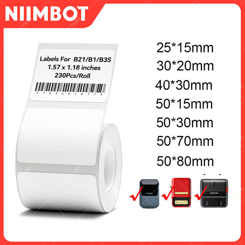 Niimbot 열 라벨 스티커 용지, 인쇄 가능한 흰색, 의류 태그, 상품 가격, 식품 자체 접착, B21, B1, B3S, 20-50mm 너비