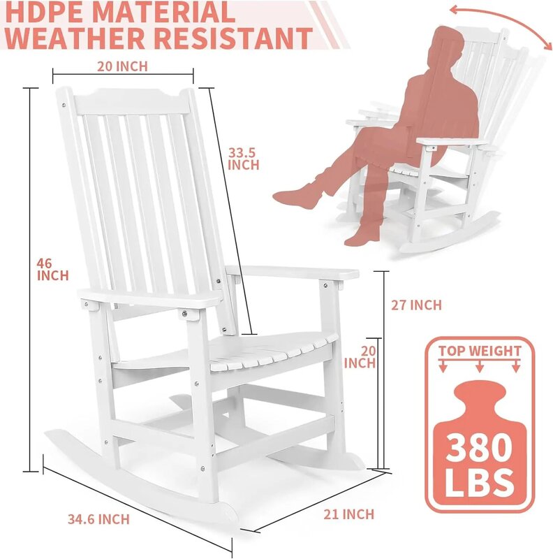 Chaises à bascule d'extérieur, bascule de porche avec dossier haut, bascule, HDPE, chaises à bascule de degré de temps, lot de 2