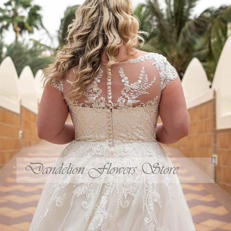 Exquisite Wedding Dresses Plus Size V-Neck Short Sleeves Lace Applique Bride Gown Tulle A-Line Sweep Train فستان حفلات الزفاف