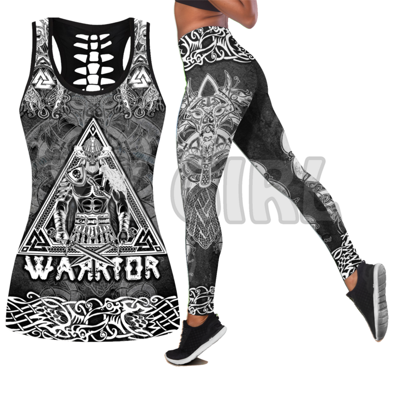 Viking Tattoo-Camiseta sin mangas con estampado 3D para mujer, conjunto de mallas + leggings, Yoga, Fitness