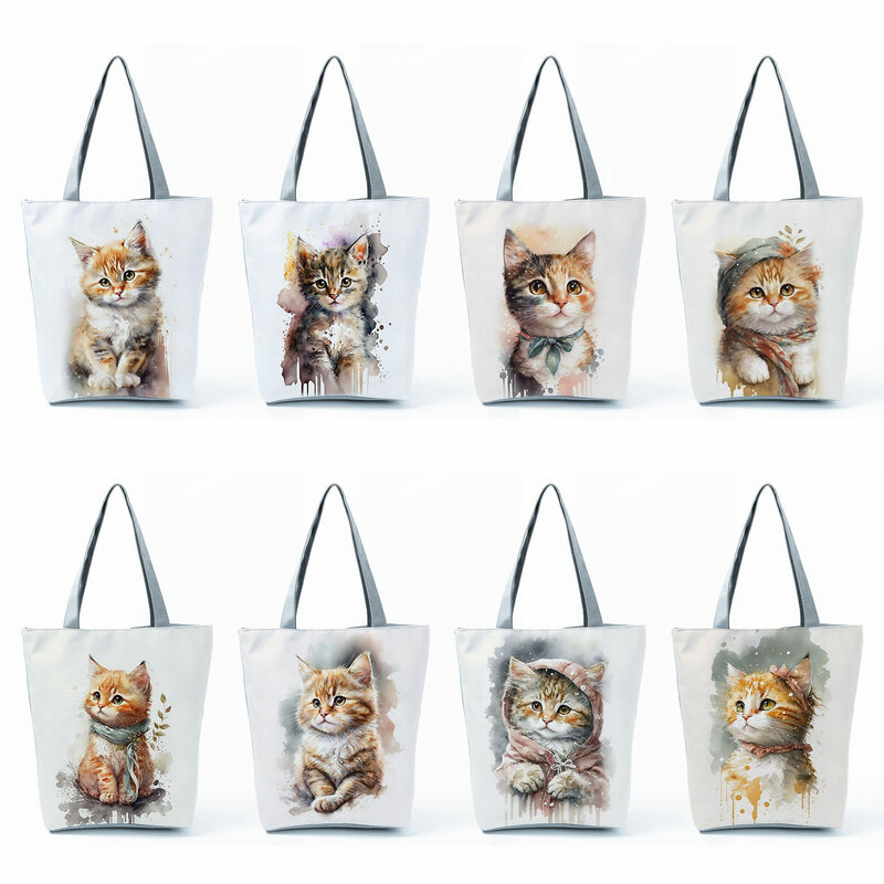 Custom Eco Travel Beach Tote Handbag for Women Causal Cute Animal Shopping Bags Shoulder Bag High Capacity Kawaii Ink Cat Print