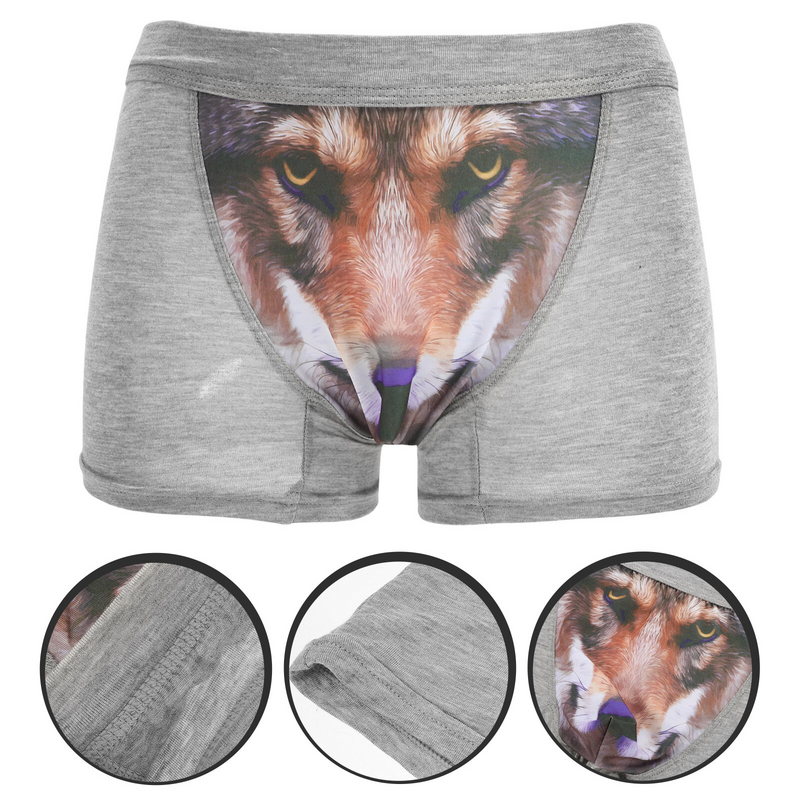 Men While While Men 3D Wolf Head Animal Briefs Stretch Modal Underpants Size L (Grey)