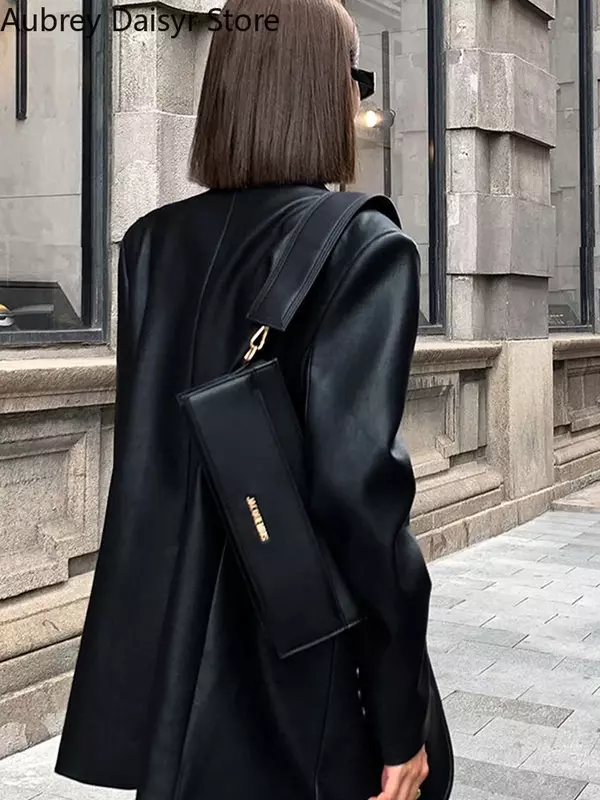 Punk Black Leather Jacket Women Korean Vintage Streetwear Leather Blazer Winter Casual Button Winter Warm Loose Leather Coat New