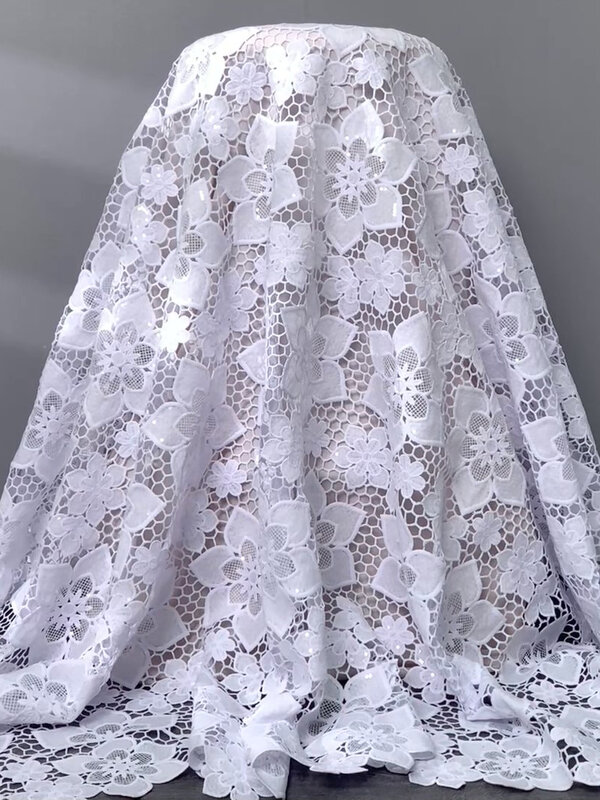 Guipure kain renda Nigeria kabel kain dengan payet Afrika putih urutan kain renda 2024 5 yard untuk gaun pesta menjahit 3036A