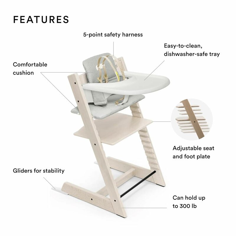 High Chair and cushion with tray - white with Nordic grey - adjustable, all-in-one high chair for infants and toddlers