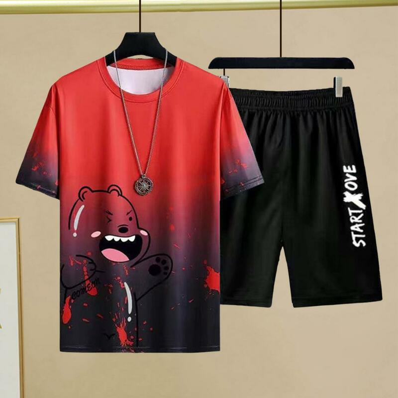 Quick Drying Fitness Outfit Men Casual Two-piece Suit Men's Bear Print T-shirt Wide Leg Shorts Set for Casual Outfit Quick