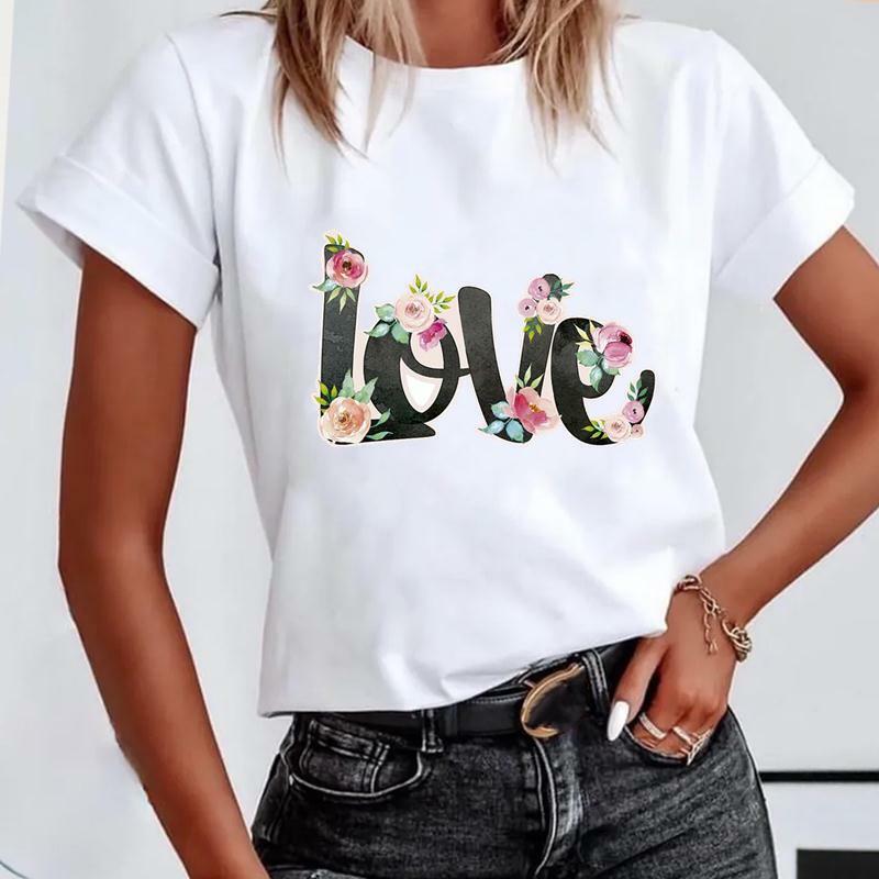 T-shirt manches courtes col rond femme, blanc, lettres LOVE, fleurs, imprimé