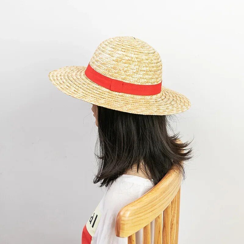 2024 2 pezzi Per borsa cappello di paglia rufy Anime Cartoon 59cm corda antivento nera cappelli da sole estivi parasole genitore-figlio